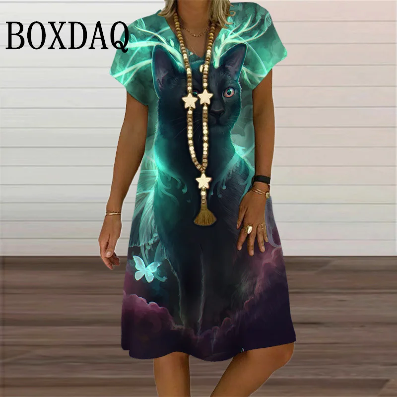 

Classic Cat Dresses Women 3D Print Pattern Short Sleeve Dress Summer Fashion Street V-Neck Loose Plus Size Dress Every Day Wear