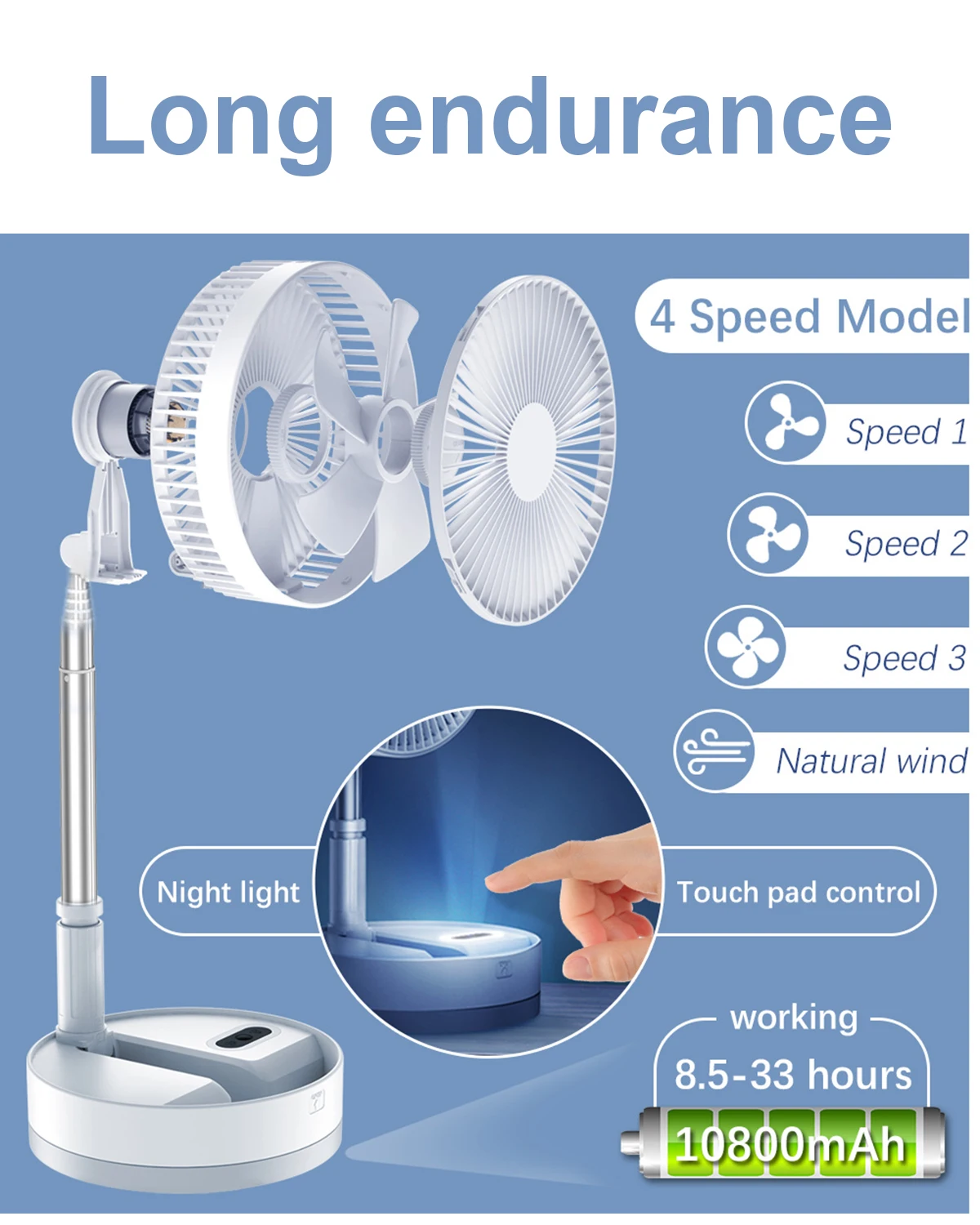 Foldable Fan Foldaway Oscillating with Remote Control, 10800mAh Rechargeable Battery Operated Portable for Camping, 4 Speed, 4