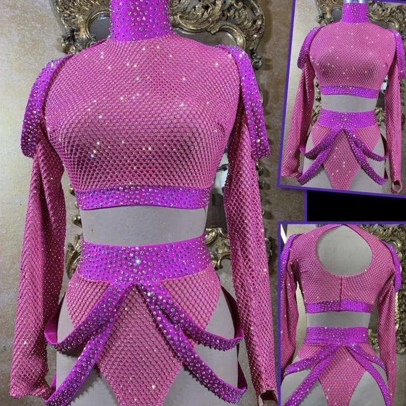 

Sexy Pole Dance Clothing Pink Rhinestones Top Shorts Women Gogo Dance Costumes Dj Ds Rave Outfit Stage Solo Clubwear XS6694