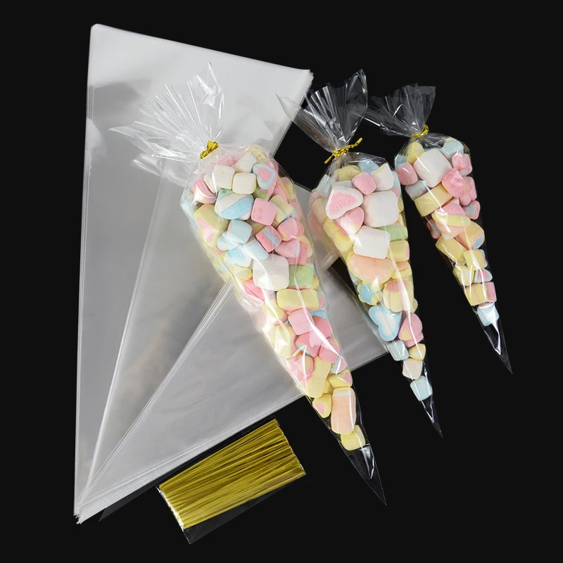 Plastic Bags Clear Cone Candy Bags Food Snack Packaging With Ties Wedding Birthday Party Favors Decoration DIY Gift 50Pcs
