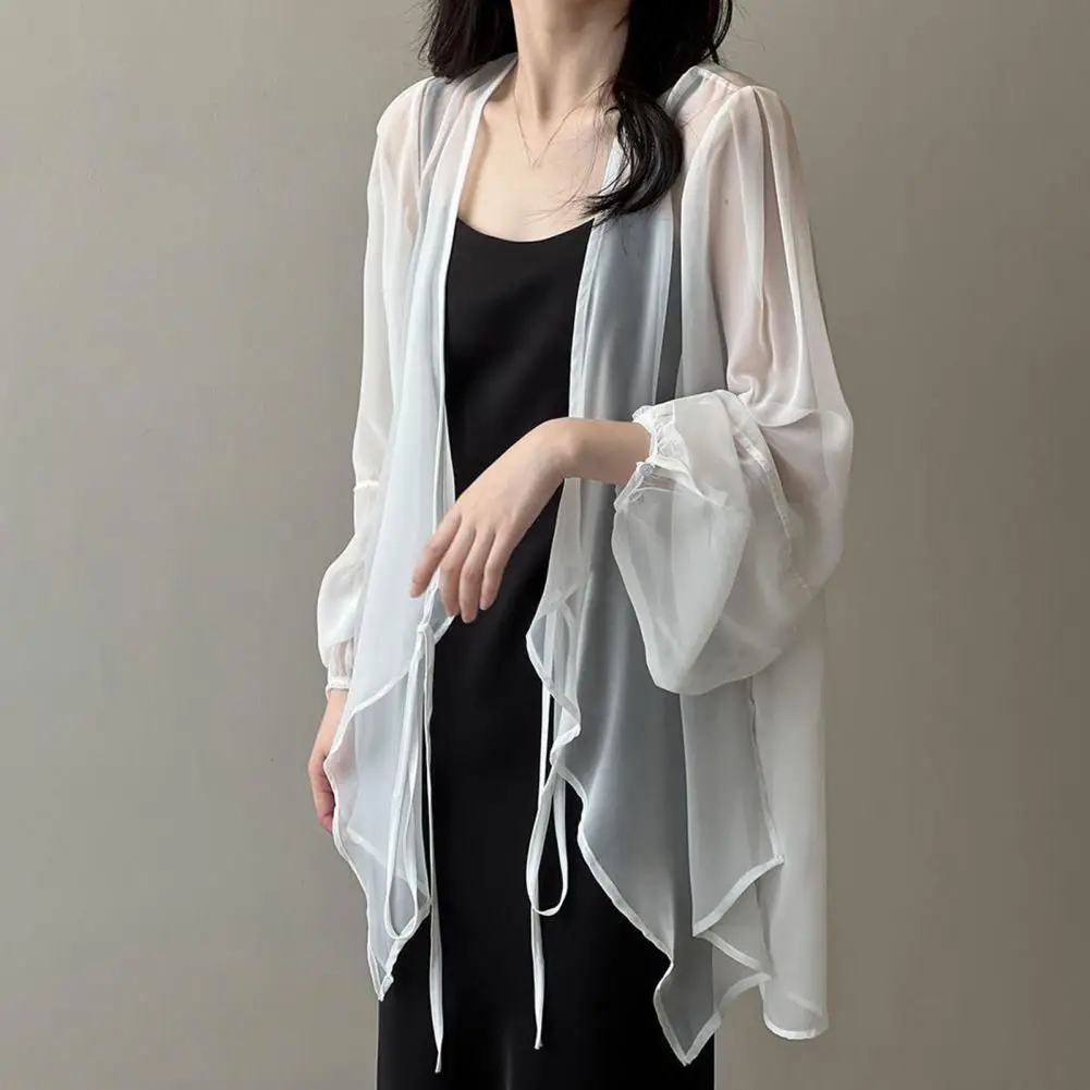 여성용 퍼프 소매 블라우스, 긴 쉬폰 자외선 차단 셔츠, 루즈한 가디건, 블랙 레이디 셔츠 상의, 밑단 숄 코트, 여름