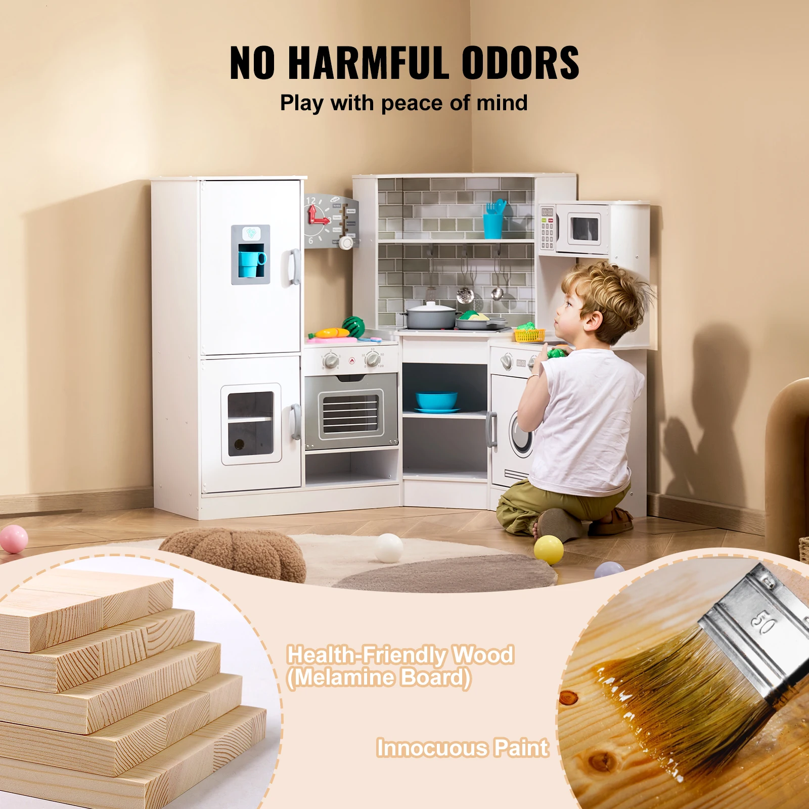 Wooden Corner Play Kitchen with Lights and Sounds for Kids