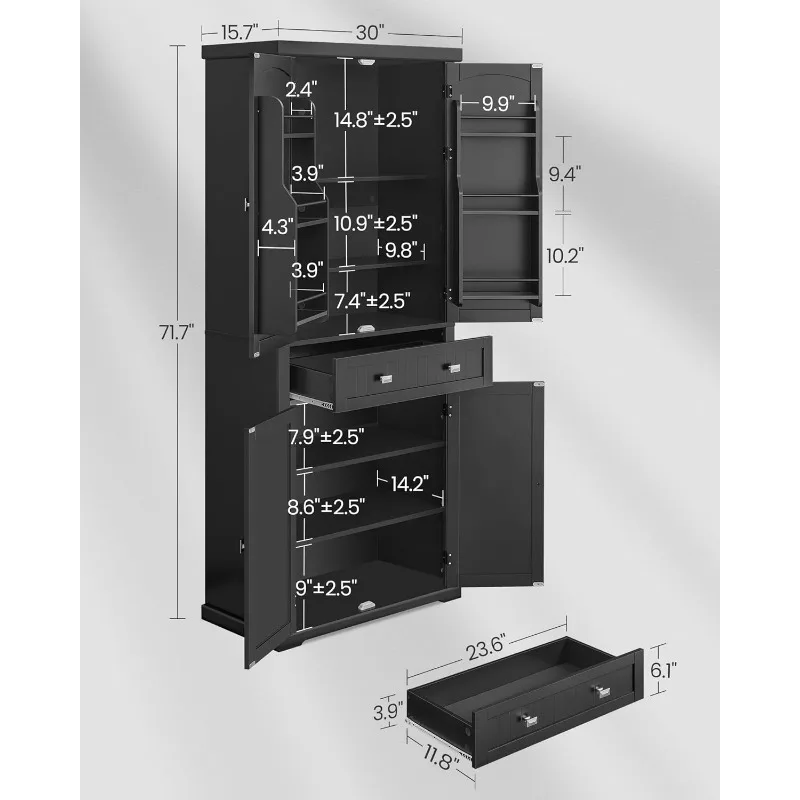 Pantry Cabinet, 71.7-Inch High Freestanding Tall Cupboard Storage Cabinet with a Drawer, 2 Cabinets, 4 Adjustable Shelves