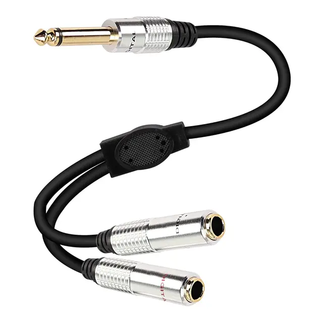 Metal Shell Gold-Plated 6.35mm TS Guitar Signal Audio Y Splitter Cable, 1/4" Male to Dual Mono 1/4" Female Adapter