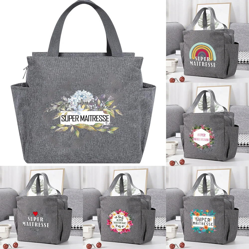 цена Multifunction Large Capacity Cooler Bag Canvas Portable Zipper Thermal Lunch Bags Maitresse Print Lunch Box New Picnic Food Bag