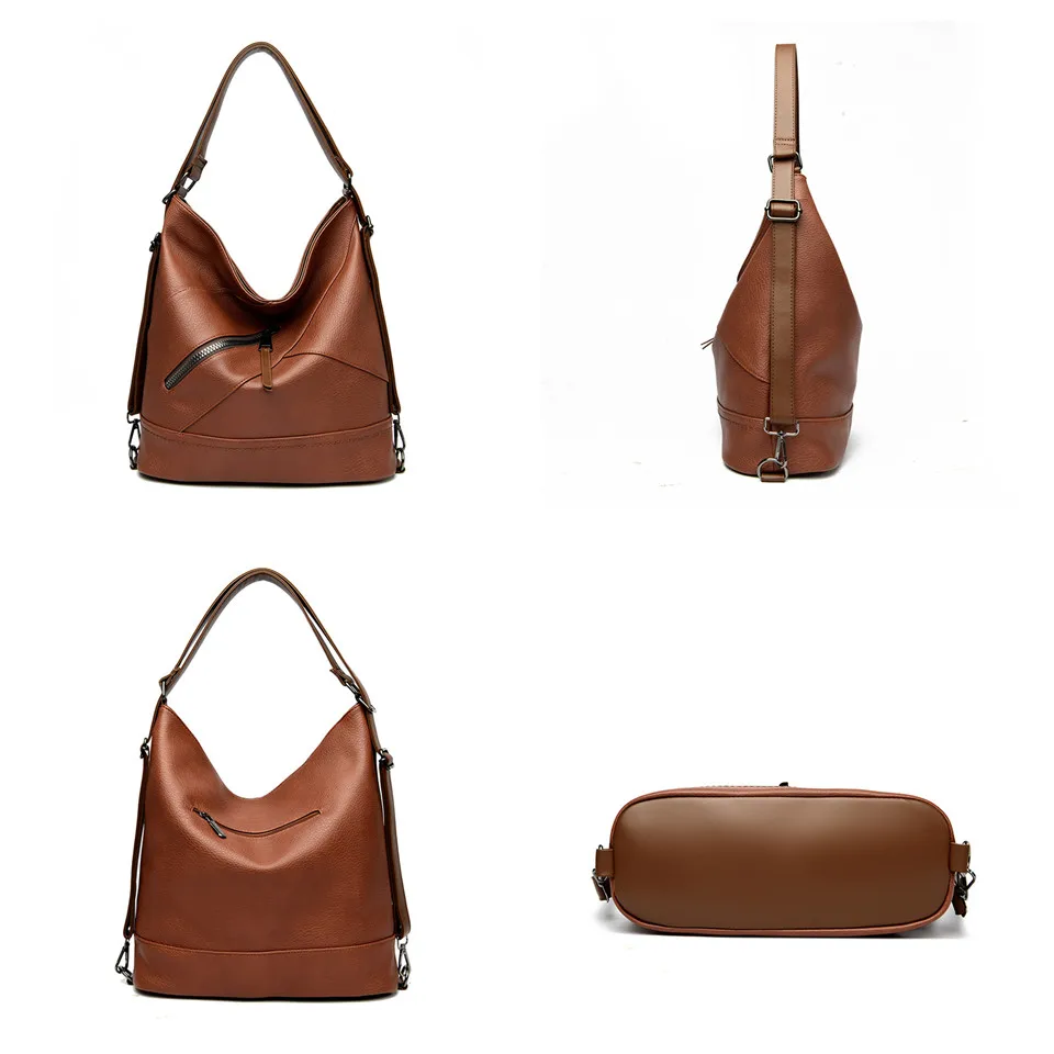 PU Shoulder Bag Women Vintage Shopping Bags Zipper Girls Student Bookbag Handbags Casual Tote With Outside Pock