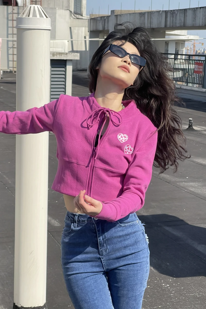 American Street Heart Embroidery Slimming Navel Zipper SweaterSlim fit women clothing