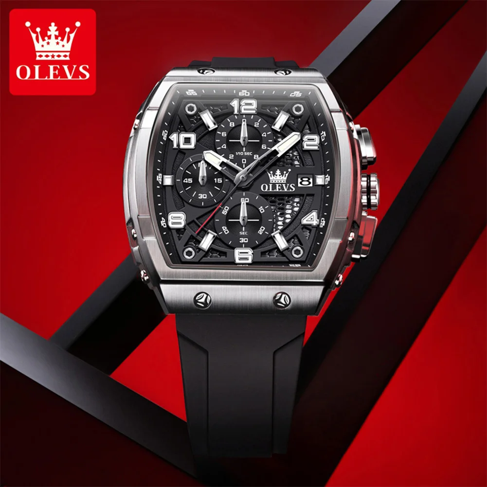 OLEVS 2976 Quartz Watch Man Tonneau 50mm Big Dial Luminous Waterproof Watch For Men Chronograph Date Silicone Strap Wristwatch