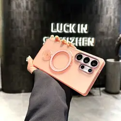 Luxury Magnetic Rotating Stand Shockproof Clear Phone Case with Matte Finish - Galaxy S23 Ultra (Pink)