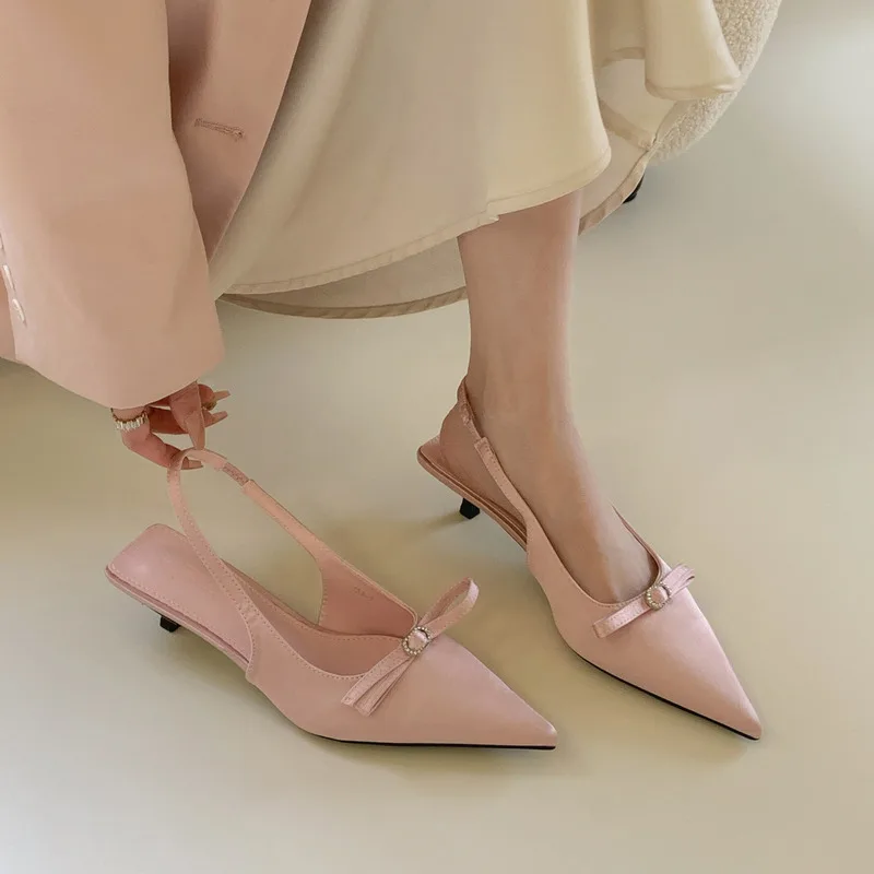 

Pointed toe sandals fairy women's shoes spring 2024 new satin high heels bow style French style button up single shoes