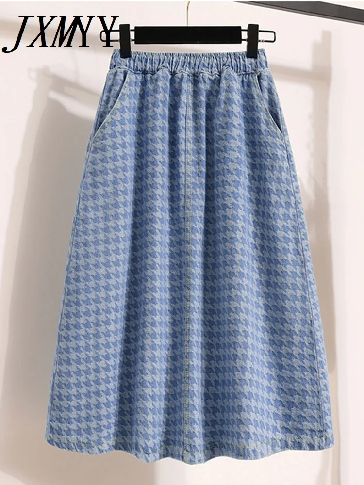 

JXMYY Fashion New Denim Jacquard Wash Water Skirt Pleated Autumn Skirt Denim Long Skirt High Waist Mid-Length
