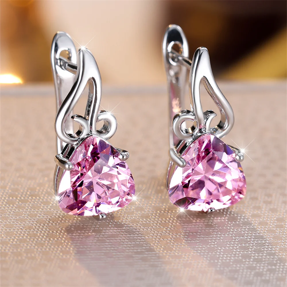 Trendy Pink Zircon Triangle Stone Music Note Hoop Earrings For Women Vintage Silver Color Ear Buckle Wedding Jewelry Party Gifts