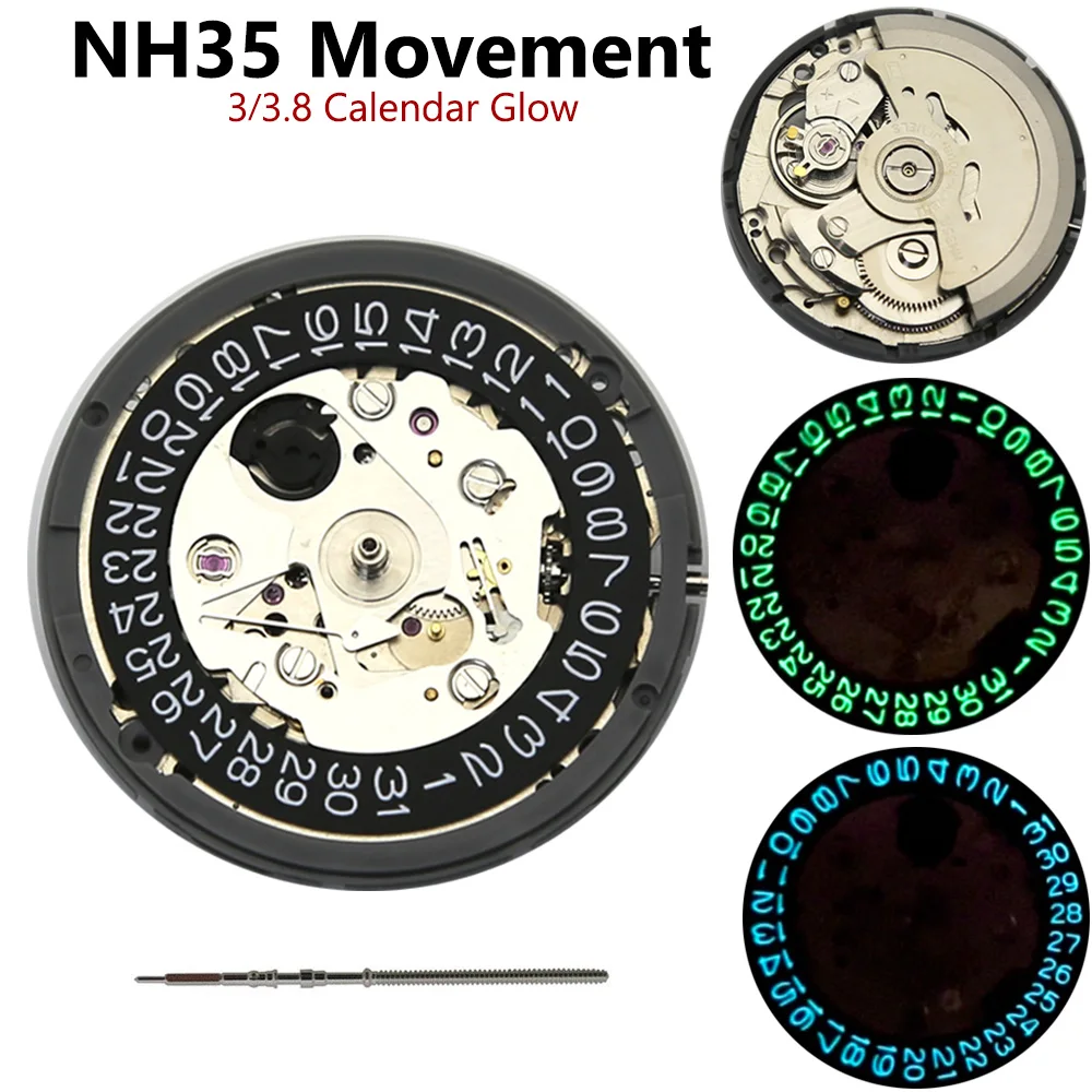 

Механизм Seiko NH35/NH35A, зеленый/синий световой календарь, подходит для 3/3.8/4.2 аксессуары для установки короны