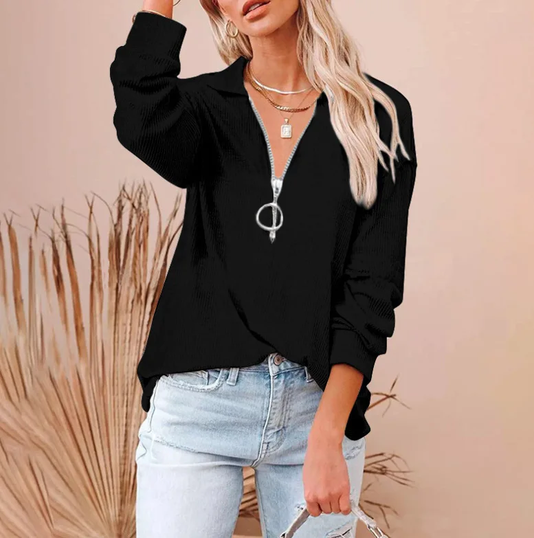 

Shirt for Women 2023 Autumn Fashion New V-Neck Casual T-Shirt Loose Zipper Long Sleeve Threaded Top