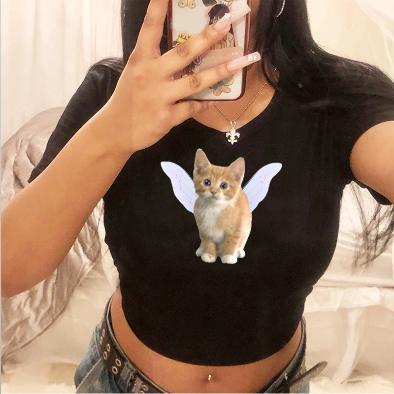 

I Love Cat Letter Crop Tops Baby Tees Kawaii Graphic Women Fashion Fairy Tshirt Slim Sexy Streetwear 2000s Aesthetic T-shirt