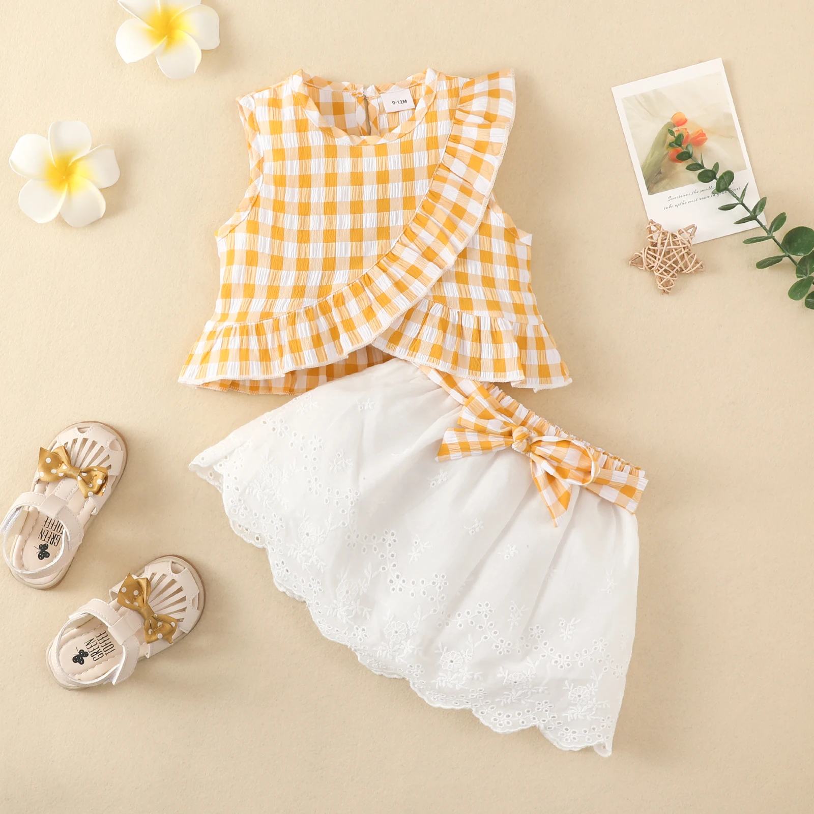 Girls Summer Ensemble Sleeveless Plaid Ruffle Top Lace Hem Skirt kids clothes set