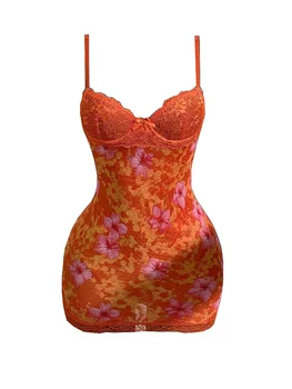 Women's Lace Sexy Dresses Summer Retro Print Slim Fit Resort Style Dress Spaghetti Straps High Waist Backless Mini Clothing 1