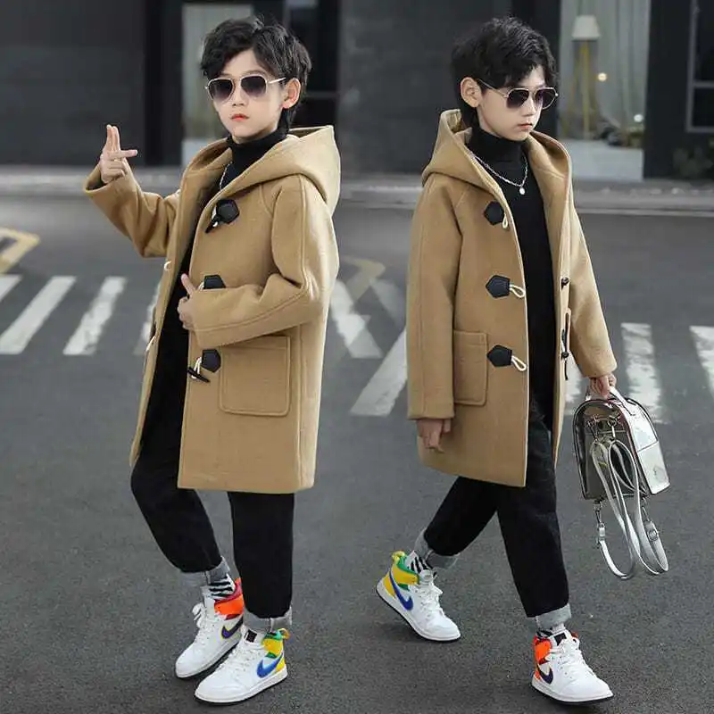 Boys Wool & Blends Winter Coat New Fashion Hooded Solid Single-Breasted Plus Cotton Warm Children Outerwear High Quality