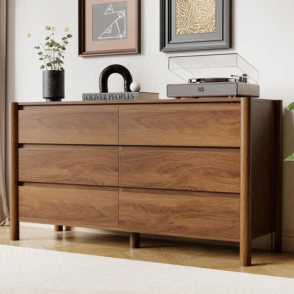Wide 6Drawer Dresser, Farmhouse Storage Chest with Solid Wood Legs, Large Organizer TV Stand for Bedroom, Living Room amp Hallw