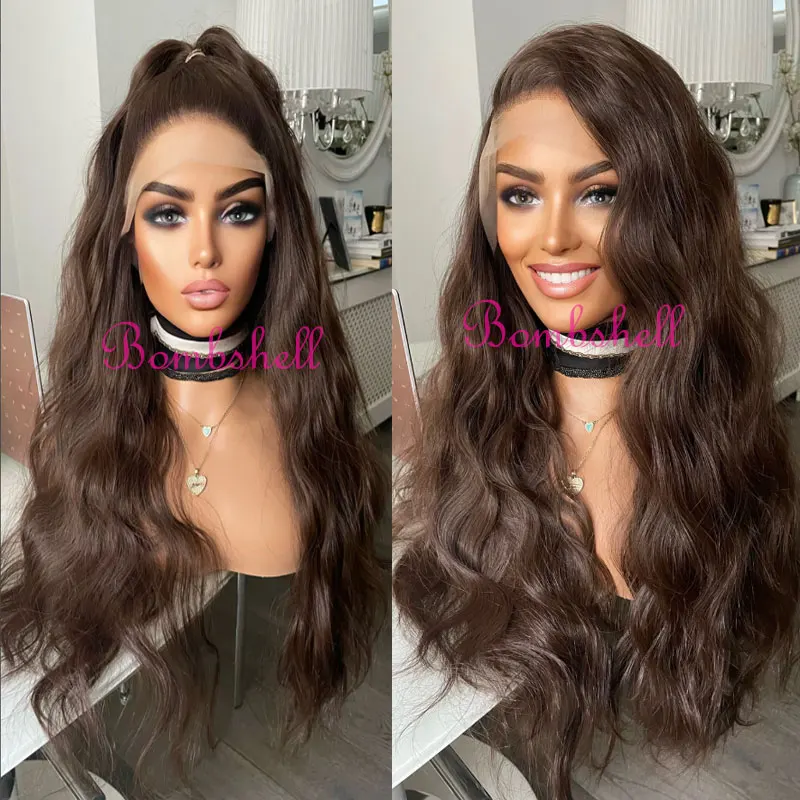 

Bombshell Dark Brown Water Wave Synthetic Lace Front Wigs Glueless High Quality Heat Resistant Fiber Natural Hairline For Women