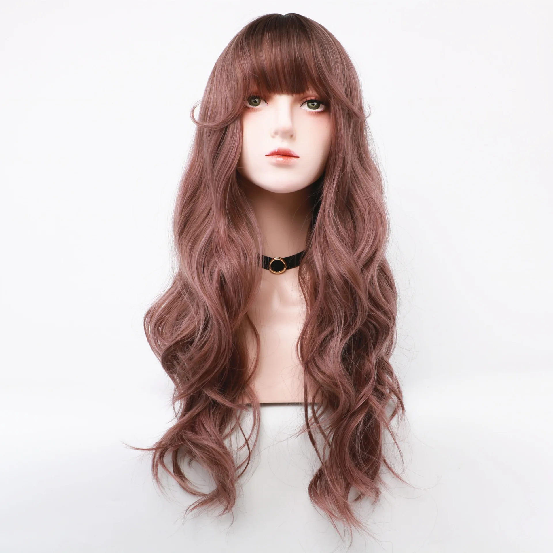 

Wig European and American women thin rattan purple big wave long curly hair powder brown dyed brown wig chemical fiber hair