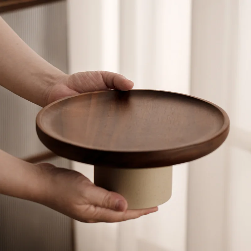 Acacia Wood Cake Tray with Clay Base for Living Room Decoration
