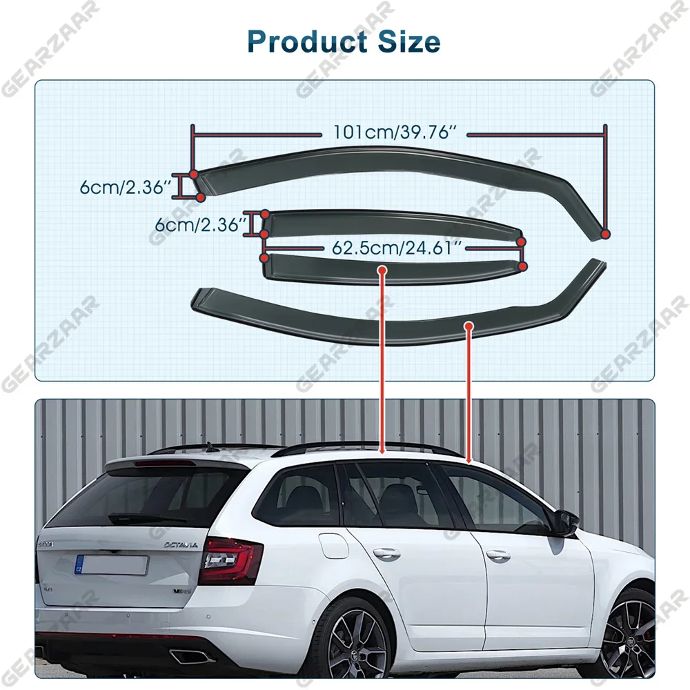 Tinted Wind Visor Deflectors For Skoda Octavia LII MK3 5-doors 2013-2019 4-pcs + Clips