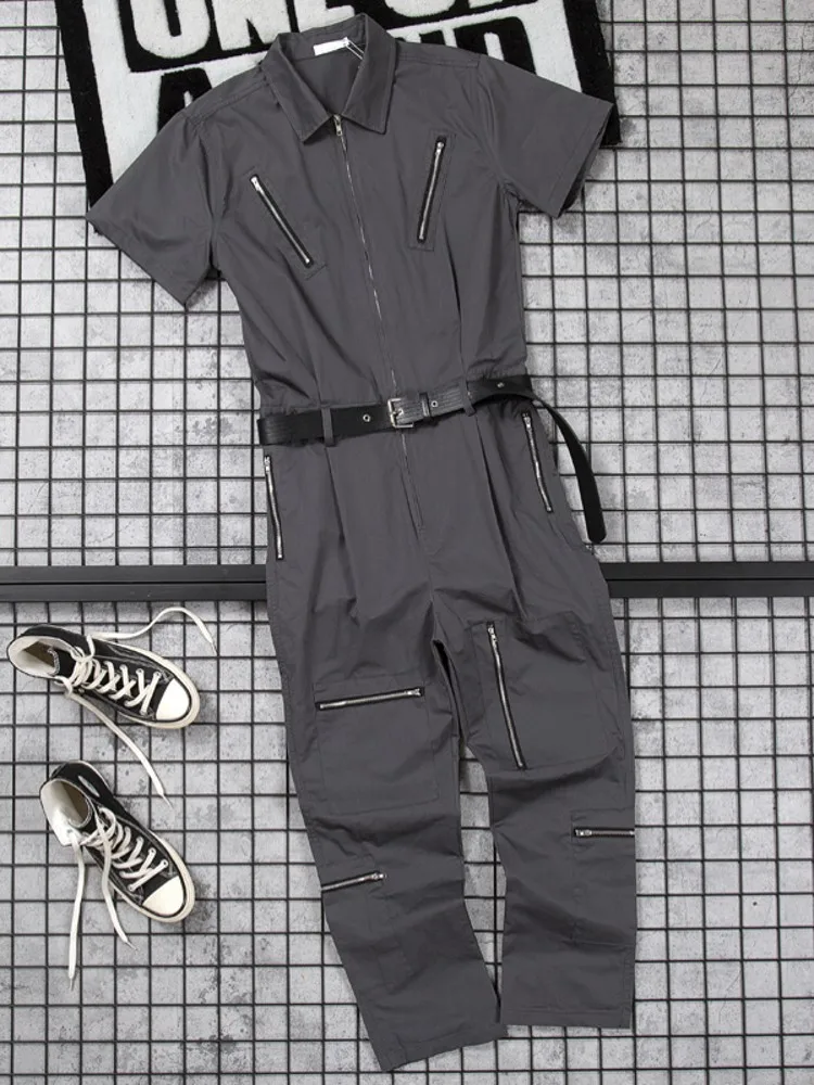 Overalls Set Men Lovers Cargo High Street Solid Color Loose Full Sleeve Zipper Straight Pants M-2XL