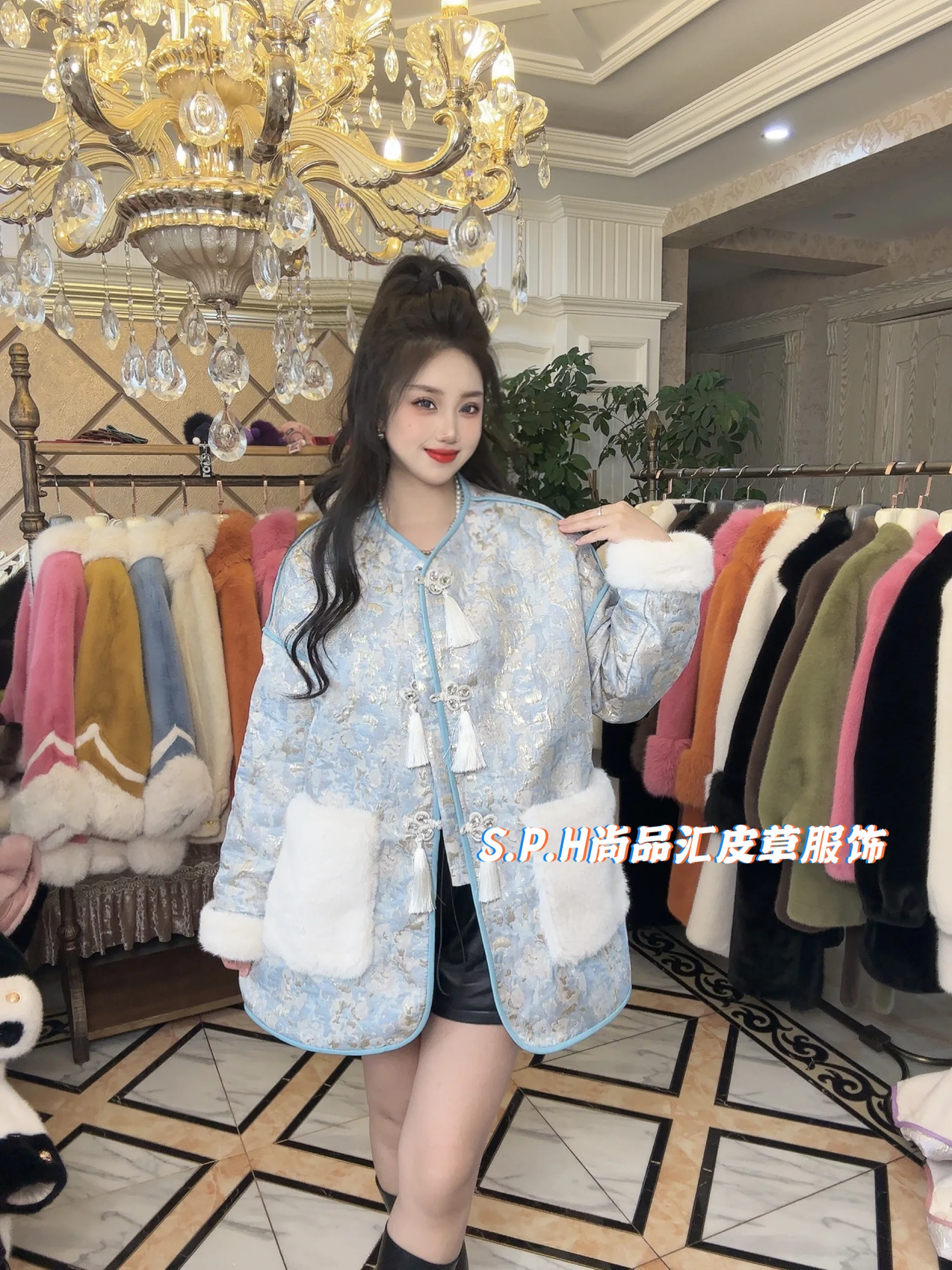 Elegant Fashion Long Sleeve Round Neck Women's Coat 2023 Winter Chinese Style Thick Fleece-lined Slim Fit Warm Faux Fur Coat