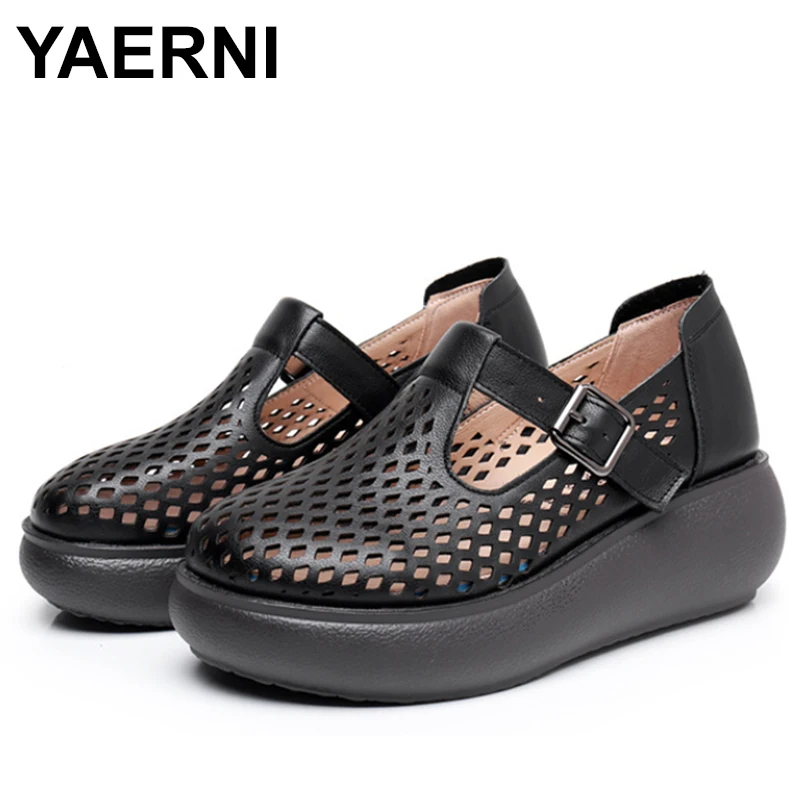 

Genuine Leather Closed Toe Sandals Women Hollow Outdoor Summer Platform Sandals Wedges Leisure Large Size Handmade Ladies Shoes