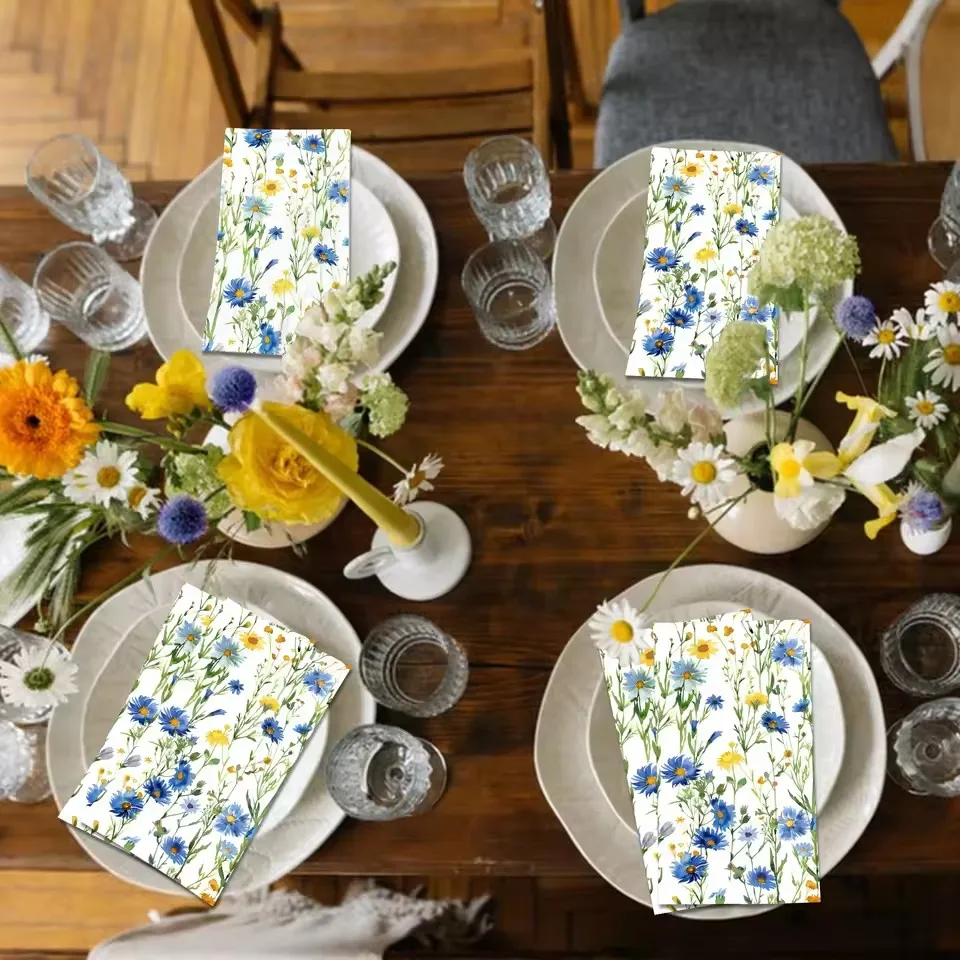 100PCS Fresh Style Spring Blue Yellow Wildflower Paper Napkins 2-Ply 34*40cm Disposable Hand Guest Napkins For Wedding Party
