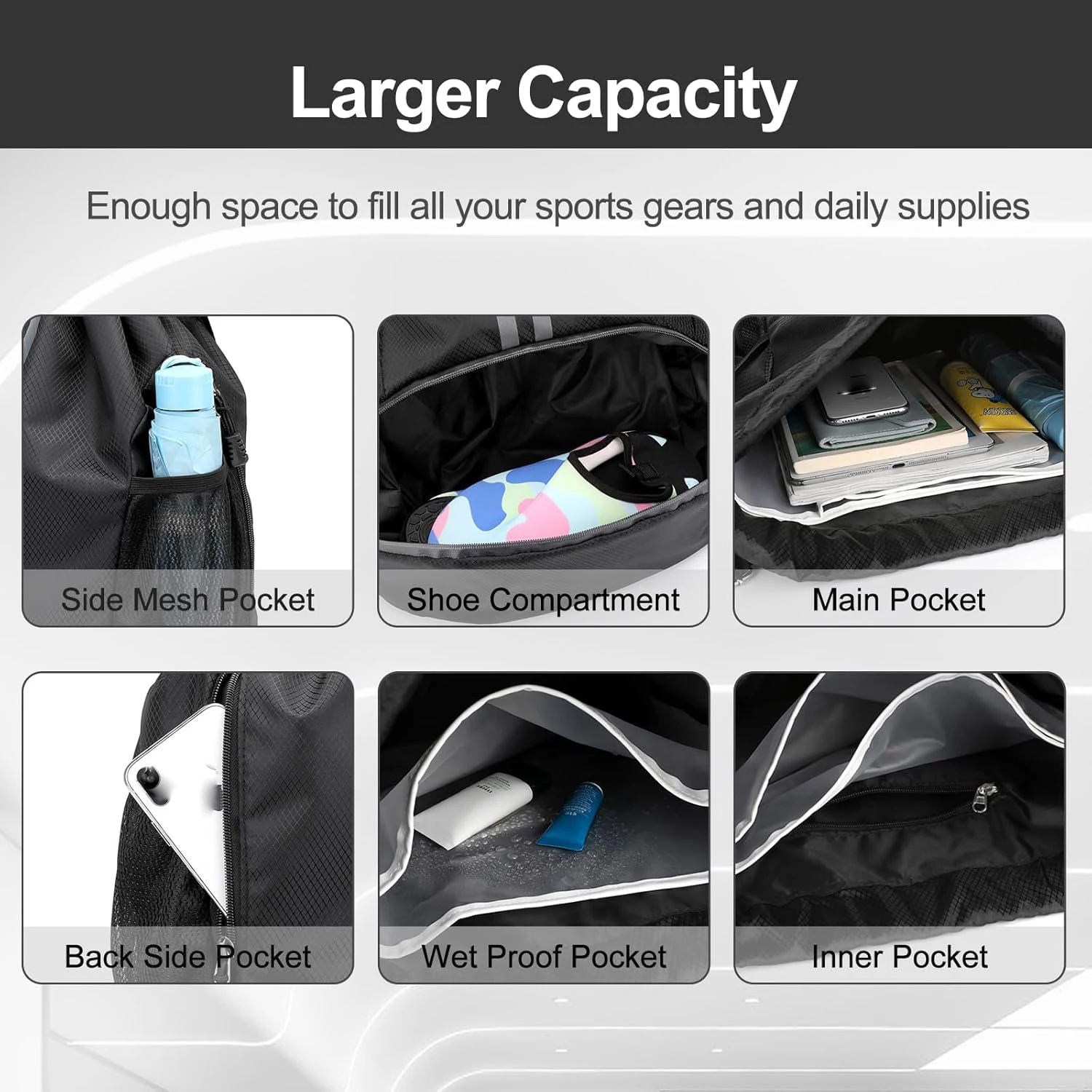 Sports Drawstring Backpack Bag with Shoes Compartment Wet Proof Pocket for Women Men Large Capacity String Swim Gym Sackpack Bag - Image 4