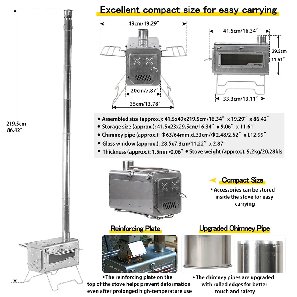 Soomloom Stainless Steel Firewood Stove with Side Shelf Firewood
