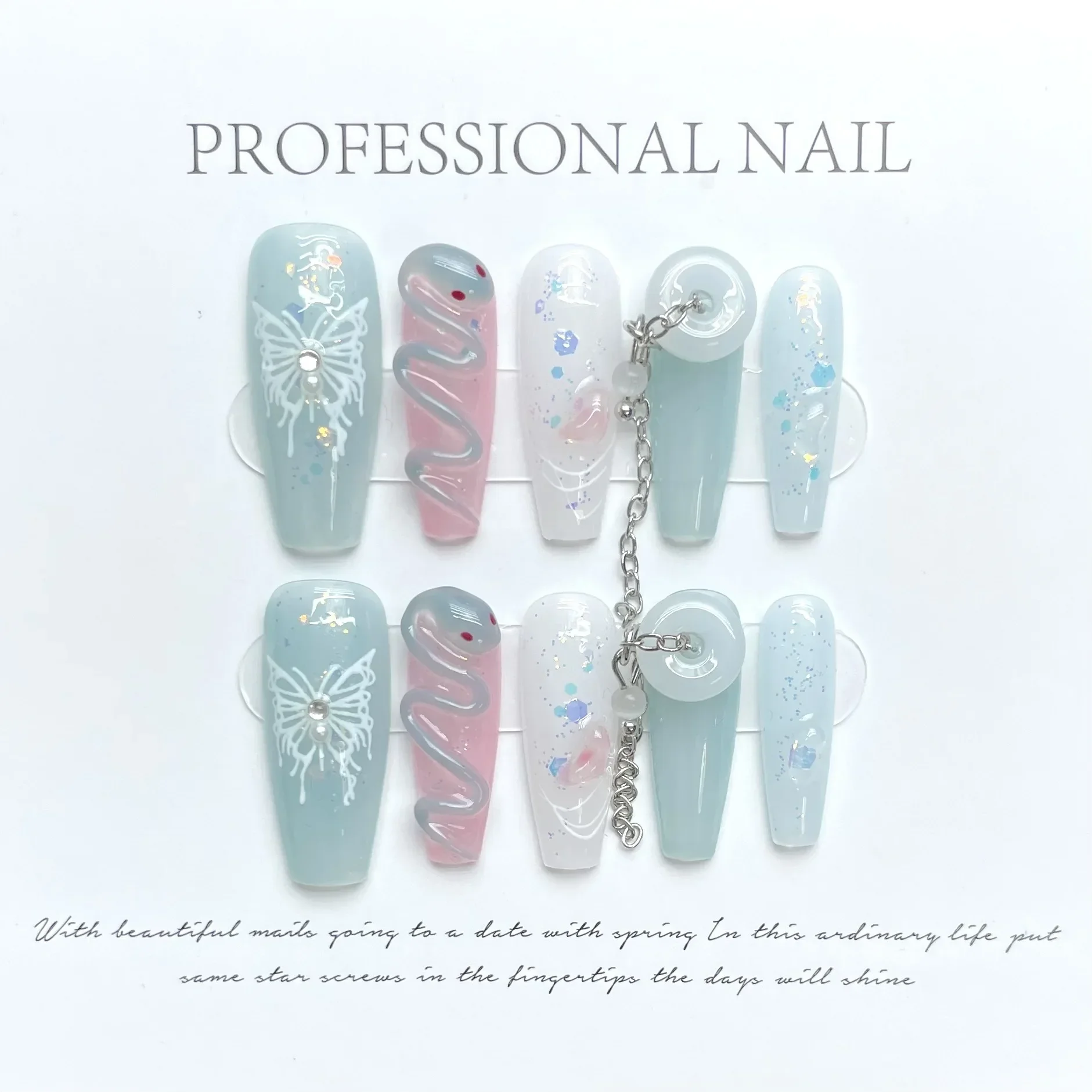 

10Pcs Long Handmade Press On Nails Chinese Style Full Cover Butterfly Snake Design French Coffin False Nails Wearable Nail Tips