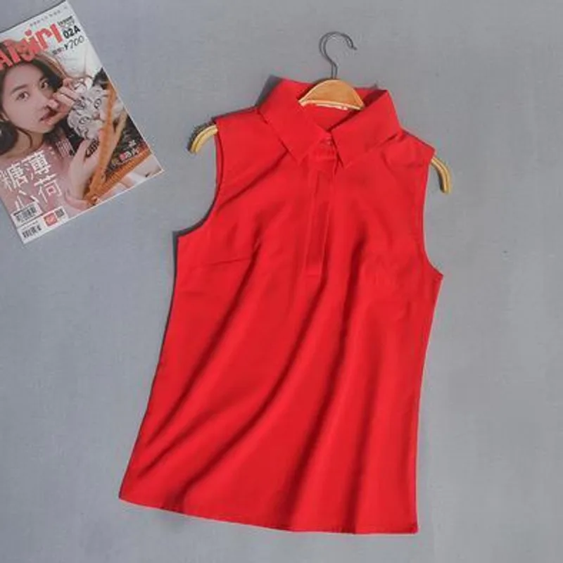  2503 여성상의와 블라우스 민소매 셔츠 여성 여름 얇은 조끼 풀오버 버튼 기본 탑 시폰 레드 화이트 블랙 폴로 넥