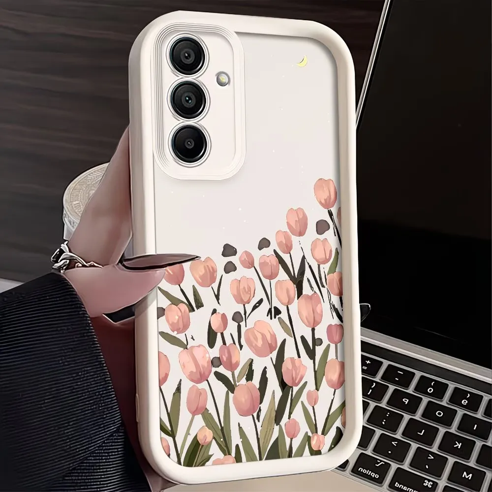 Pink Tulip Print Matte Shockproof Phone Case with Ladder Edge Design