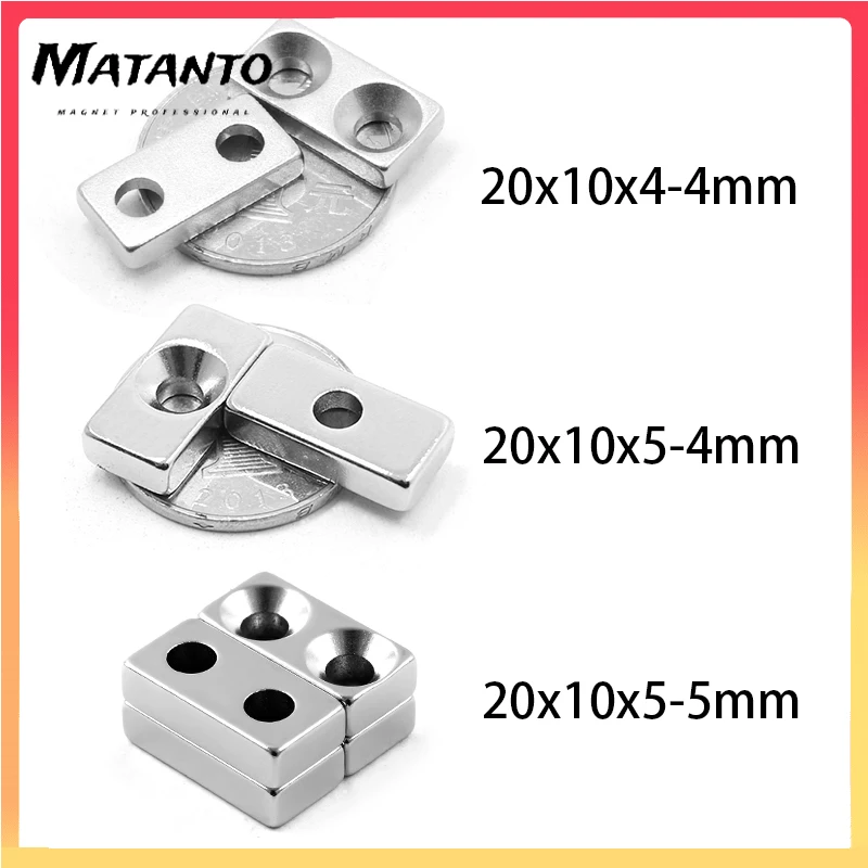 

2PCS 20x20x10-5mm Countersunk Hole 5mm Block Rare Earth Neodymium Magnet Strong Powerful Magnet Double hole/single hole