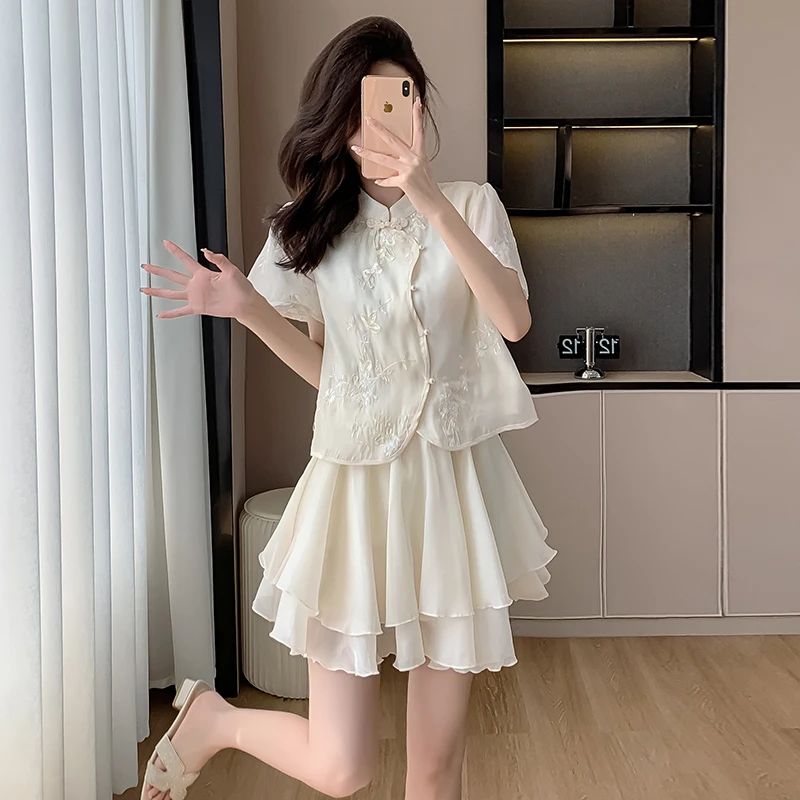새로운 중국 스타일 개선 자카드 자수 꽃 탑 쉬폰 더블 레이어 스커트 투피스 양복 여름 연령 감소