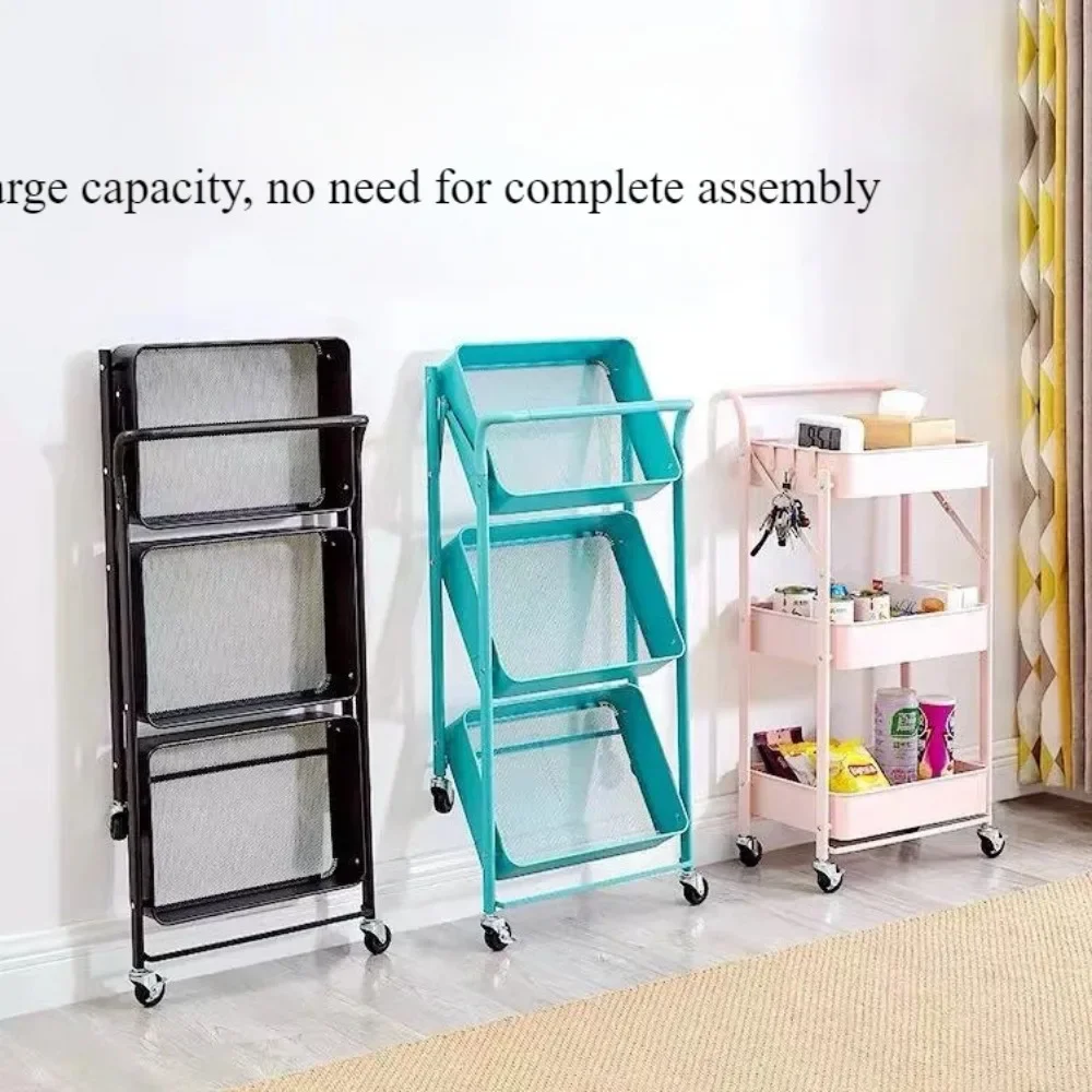 Folding Storage Trolley Rack Kitchen Bathroom 3 Storey Snacks Shelving Bedroom Mobile Trolley Storage Rack Organizer Carts
