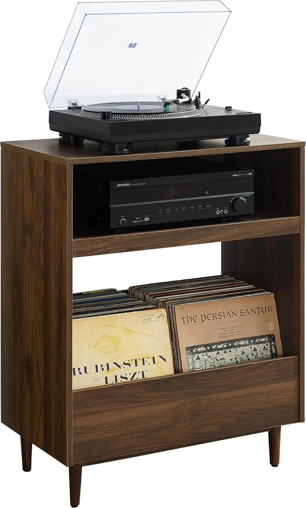 Mid Century Modern Turntable Stand with Vinyl Storage, Walnut Finish, Adjustable Legs