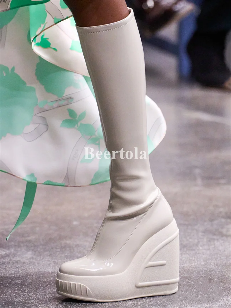 

New Woman Wedges Heel Knee-High Stretch Boots Platform Round Toe High Heel Boots Fashion Sexy Autumn Winter Catwalk Show Shoes