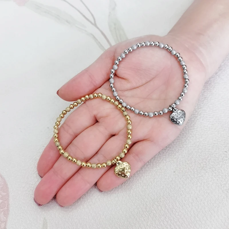 Metal Waterproof Durable Stainless Steel Jewelry Lovers Retro Heart-Shaped High Quality Frosted ball Shiny Bead Elastic Bracelet 3