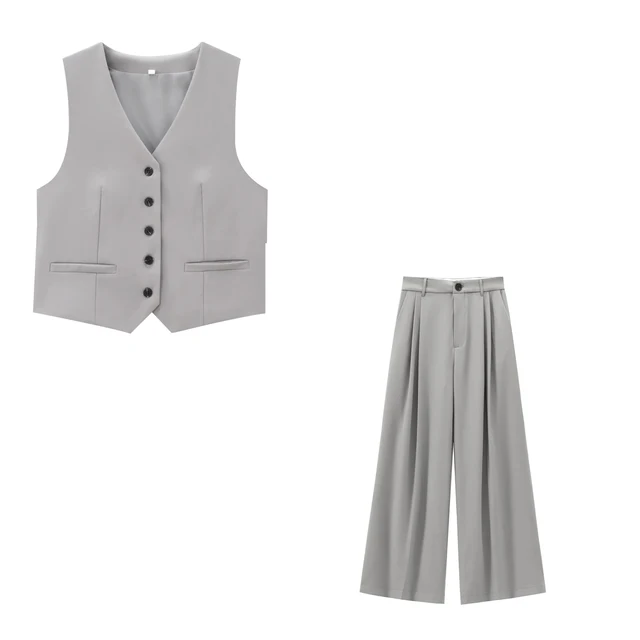2025 Spring and Autumn New Two Piece Set Wide Leg Pant Suit Work Office Vest Top+Double Fold Pants Women's Fashion Set 5