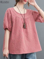 ZANZEA Summer Vintage Women Casual Loose Shirt Baggy Plaid Checked Tops Tunic Fashion O Neck Short Sleeve Blouse Blusas Chemise - Image 2