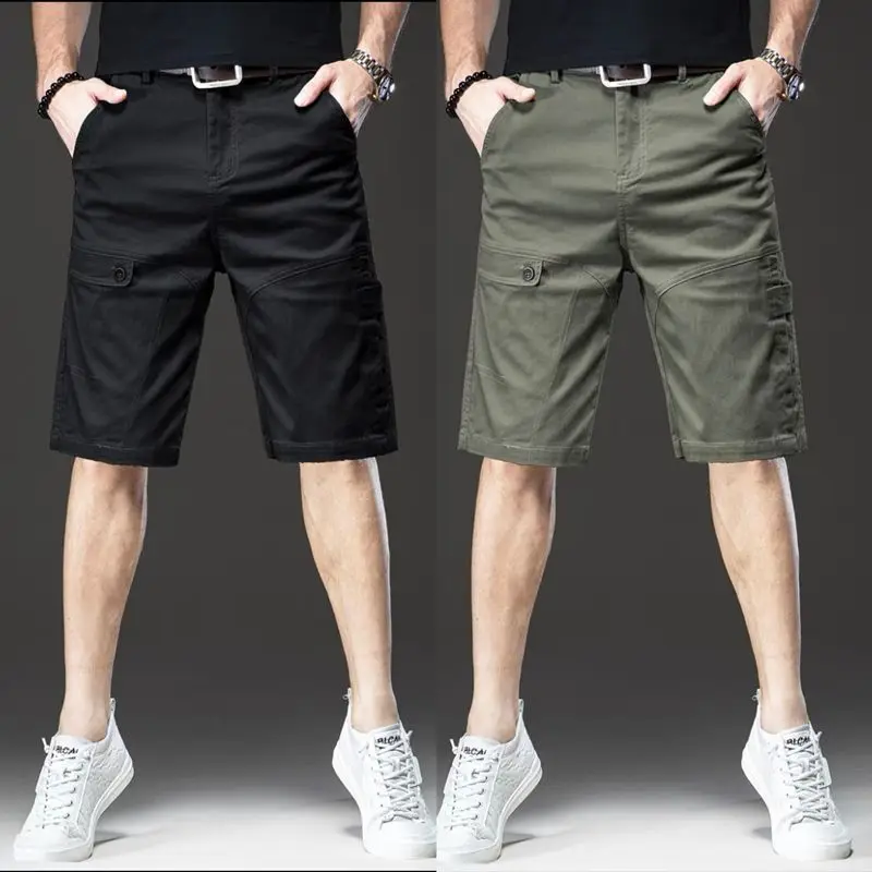 Summer New Fashion Trend Cotton Japan Style Wide Leg Shorts Men's Solid Patchwork Button Zipper Pocket Casual Loose Cargo Shorts