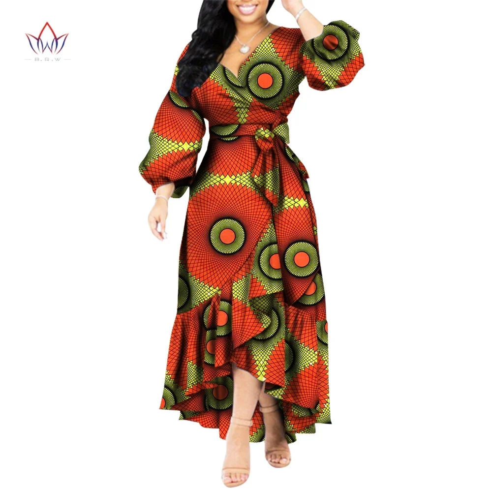 Autumn Plus Size African Long Dress for Women V-neck Belt Africa Dresses Dashiki Elagant African Dressesfor Ladies WY5856