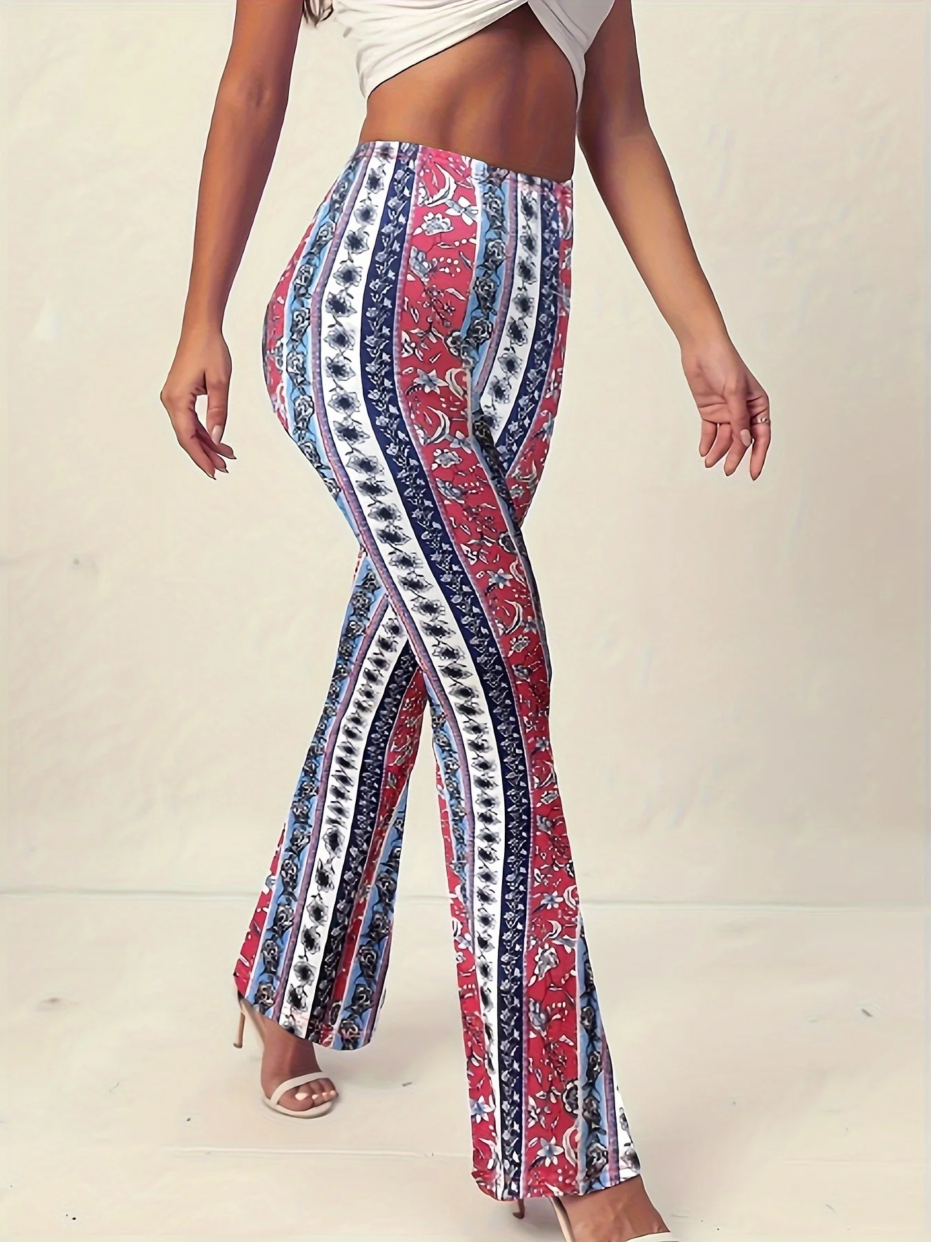 Ladies' Elegant Floral Print Flared Pants Casual Leggings Fashionable Women's Comfortable Long Pants 3