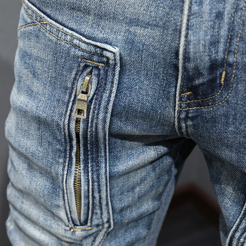 High Street Fashion Men Jeans Retro Washed Blue Elastic Slim Fit Spliced Biker Jeans Men Zipper Designer Hip Hop Pants Hombre