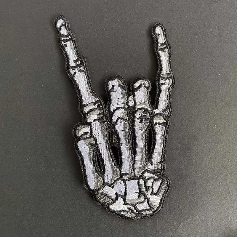 6 Stück/Schwarze Stoff-Applikationen, Punk-Patches zum Aufbügeln, Totenkopf-Geisterfinger-Stickerei, Aufbügel-Sticker für Kleidung, Jacken – Detail 5