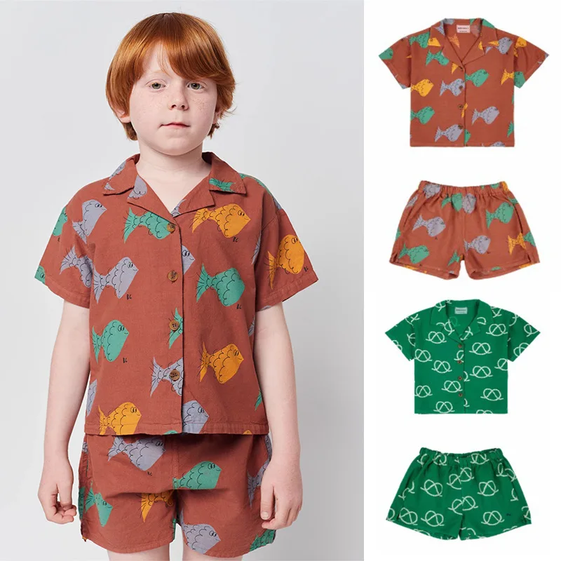 

Jenny&Dave Wind children's short sleeved T-shirt, shirt, shorts set, spring/summer collection, pure cotton printed lapel top, ch